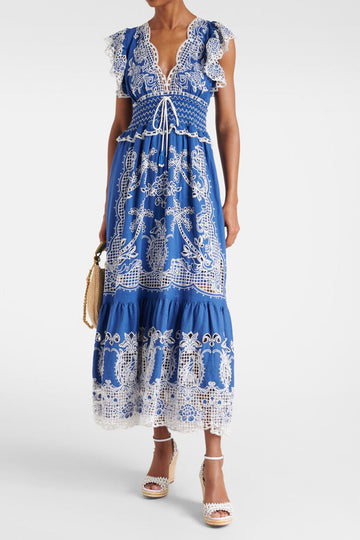 Embroidered Smocked Waist Maxi Dress