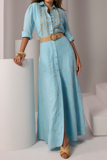 Embroidered Belted Shirt Maxi Dress