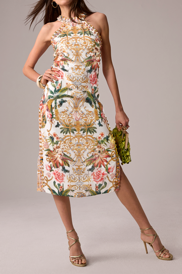 Printed Halter Side Slit Midi Dress