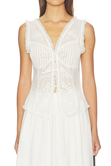 Lace Trim Tie Front Top