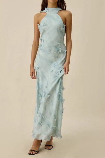 High Neck Floral Applique Maxi Dress
