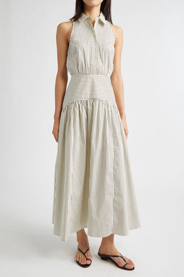 Sleeveless Striped Pleated Midi Dress