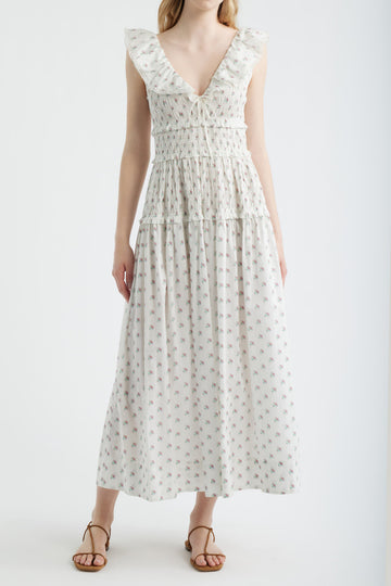 Smocked Ruffle Sleeve Dot Midi Dress
