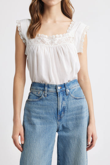 Lace Trim Square Neck Cotton Top