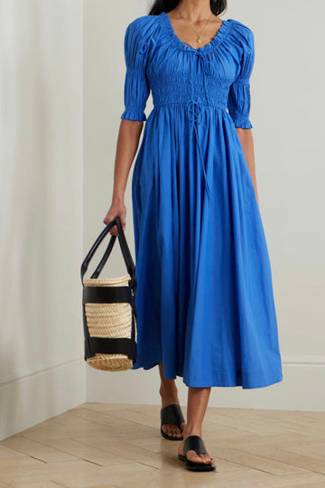 Smocked Puff Sleeve Tie Midi Dress