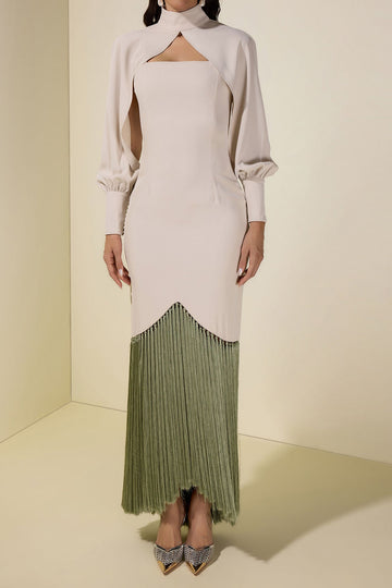 High Neck Cutout Fringe Hem Maxi Dress