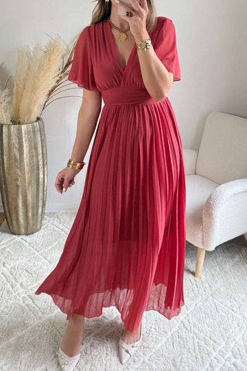 Pleated V Neck Chiffon Maxi Dress
