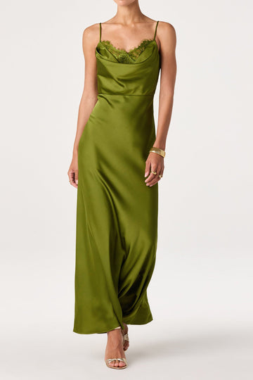 Lace Trim Cowl Satin Maxi Dress
