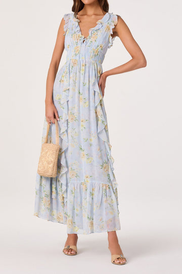 Floral Ruffle Trim Smocked Maxi Dress