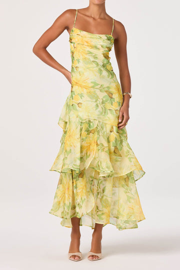 Ruched Floral Tiered Ruffle Midi Dress