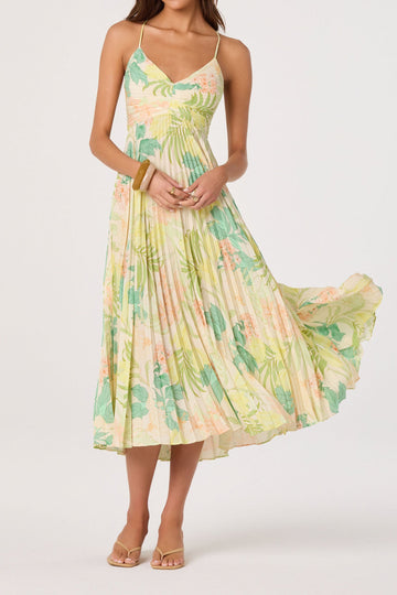 Pleated Tropical Print Midi Dress