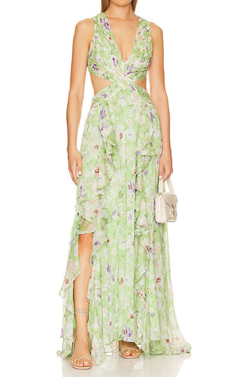 Halter Cutout Floral Chiffon Maxi Dress