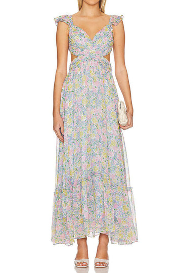 Flutter Sleeve Floral Cutout Maxi Dress