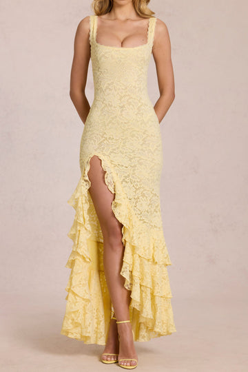 Square Neck Lace Ruffle Maxi Dress