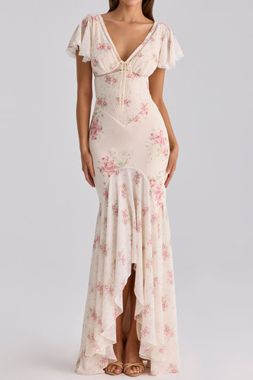 Flutter Sleeve Floral High-Low Maxi Dress