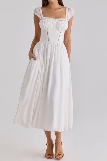 Square Neck Ruched Bodice Midi Dress