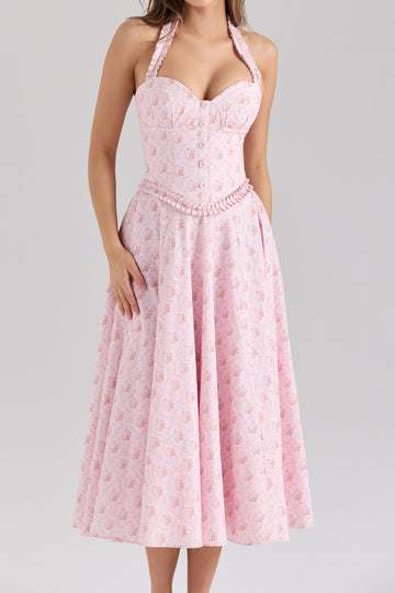 Halter Corset Button Front Midi Dress