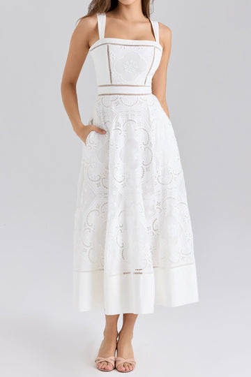 Square Neck Eyelet A-Line Midi Dress
