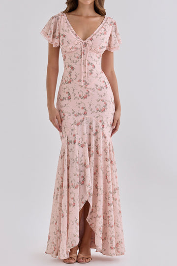 Flutter Sleeve Floral Slit Maxi Dress