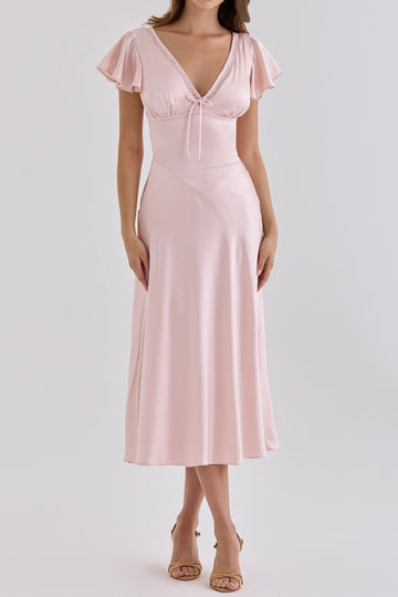 Flutter Sleeve Tie Waist Midi Dress