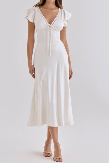 Flutter Sleeve V-Neck Midi Dress