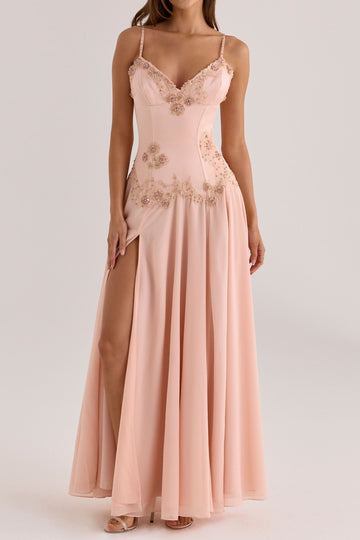 Beaded Floral Bustier Slit Maxi Dress