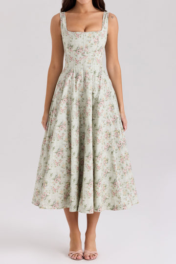 Floral Corset Pocket A-Line Midi Dress