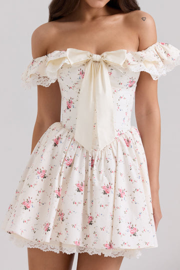 Off-Shoulder Bow Floral Mini Dress
