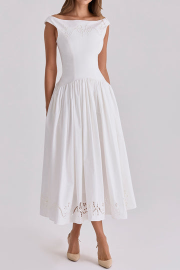 Off-Shoulder Embroidered Drop Waist Midi Dress