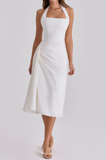 Halter Draped Pleated Midi Dress