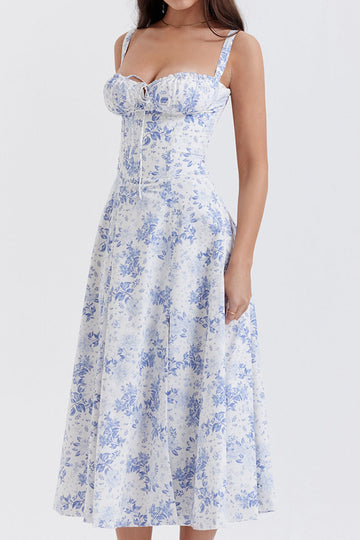 Toile Floral Bustier Lace-Up Midi Dress