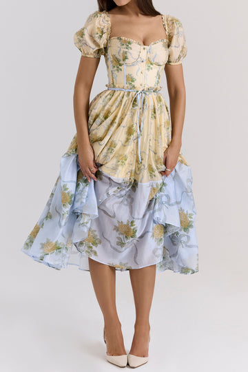Puff Sleeve Floral Tiered Midi Dress