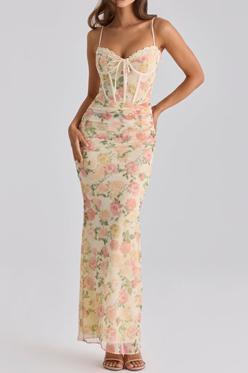 Floral Lace Corset Mesh Maxi Dress