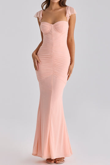 Ruched Sweetheart Flutter Sleeve Maxi Dress