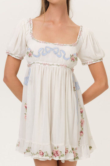 Puff Sleeve Bow Trim Mini Dress