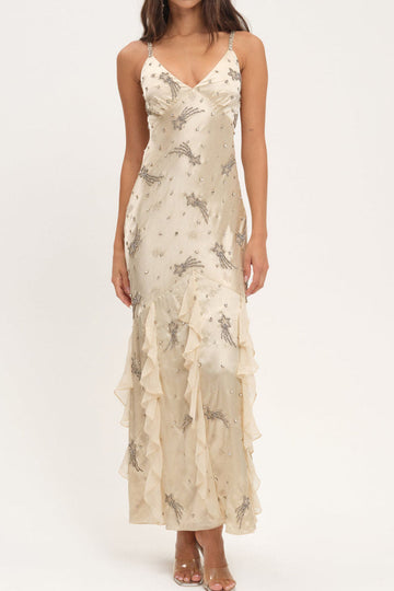 Beaded Star Ruffle Hem Maxi Dress