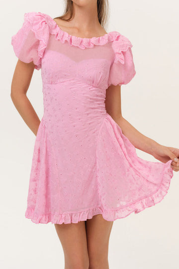 Sheer Ruffle Puff Sleeve Mini Dress