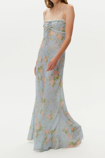 Floral Ruffle Trim Slip Maxi Dress