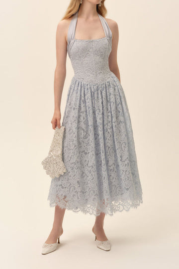 Halter Lace Fit and Flare Midi Dress