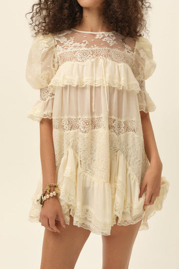 Sheer Lace Ruffle Babydoll Mini Dress