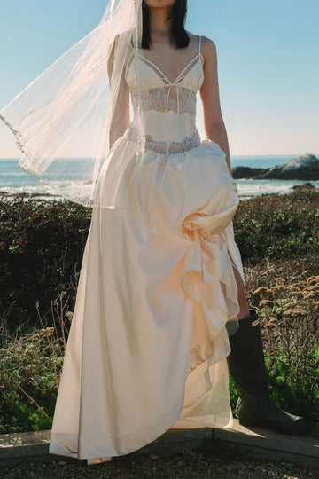Lace Cutout Draped Satin Maxi Dress