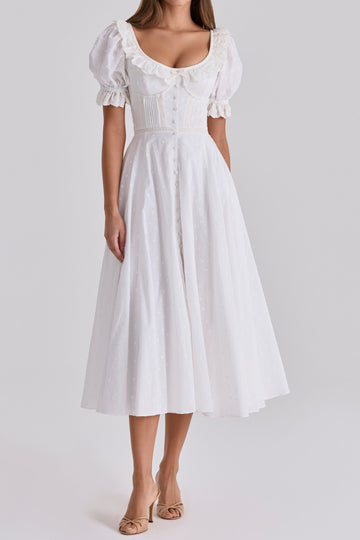 Puff Sleeve Button Front Midi Dress