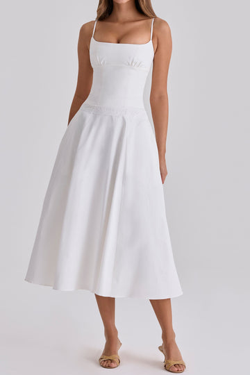 Square Neck Lace Waist Midi Dress