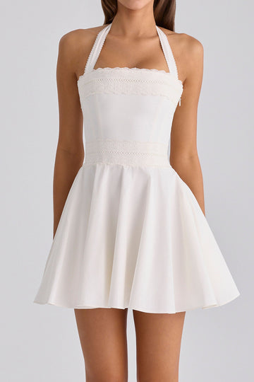 Halter Lace Trim Flare Mini Dress