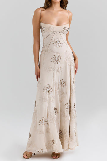 Strappy Embroidered Floral Slip Maxi Dress