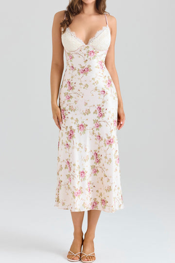 Lace Trim Floral Slip Midi Dress