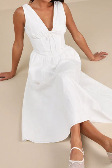 V Neck Drawstring Waist Midi Dress