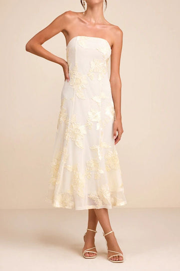 Strapless Floral Appliqué Mesh Midi Dress