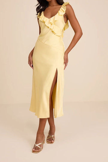 Ruffle One Shoulder Slit Midi Dress