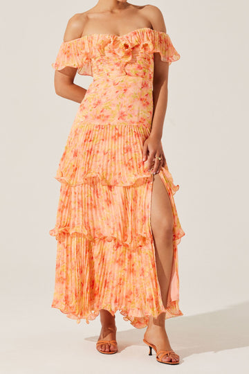 Off Shoulder Floral Tiered Slit Maxi Dress